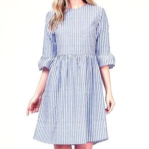 Ces Femme Blue Stripe Seersucker Dress Bell Sleeve
